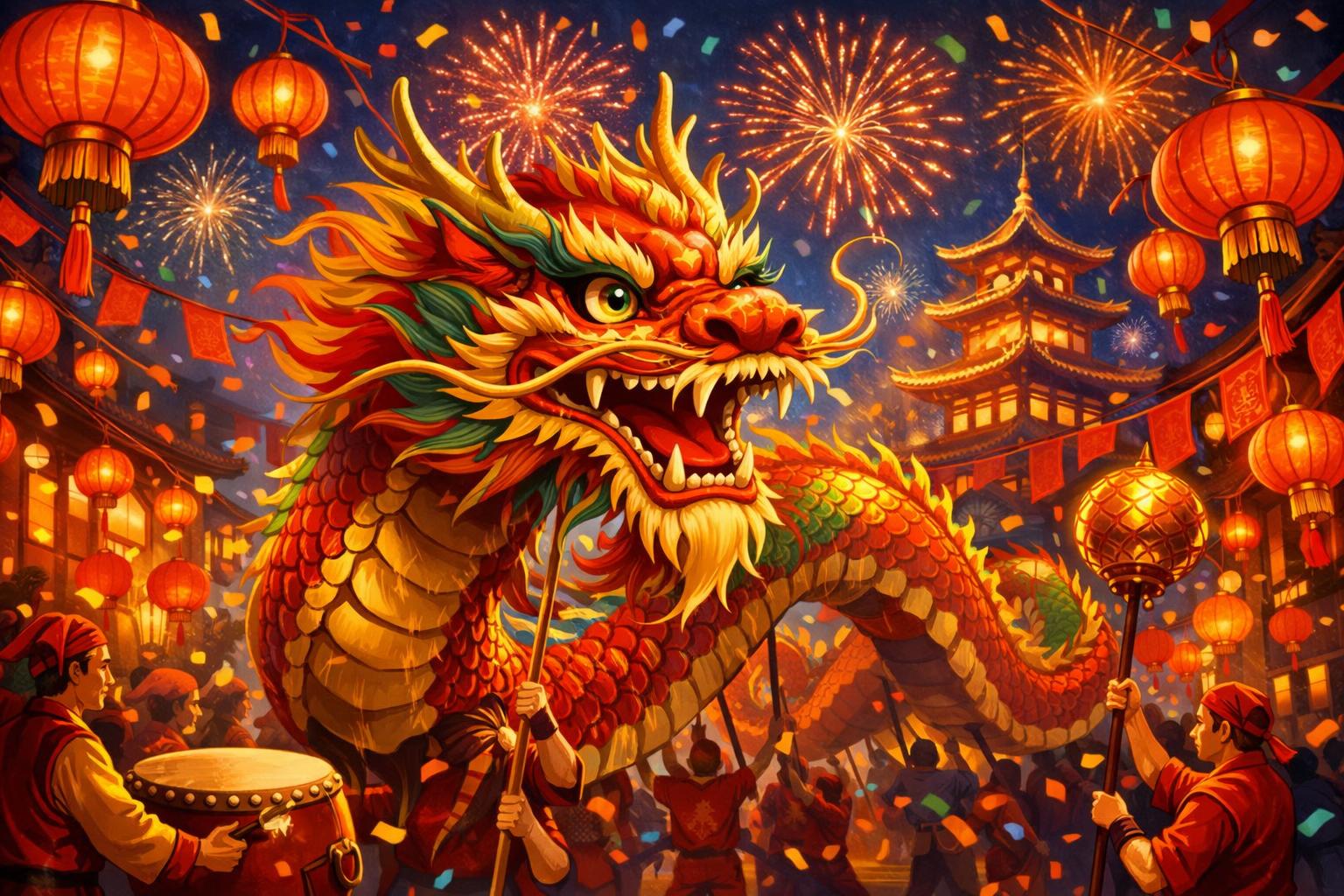 A Colorful Dragon Weaving Through A Festive Chinese Street Decorated With Lanterns And Banners During A Lively Celebration.