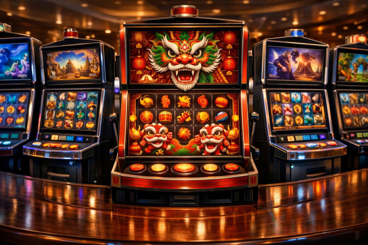 A Casino Table Displaying Several Colorful Slot Machines, Including One With A Chinese Dragon Dance Theme, Arranged Side By Side In A WellLit Setting.