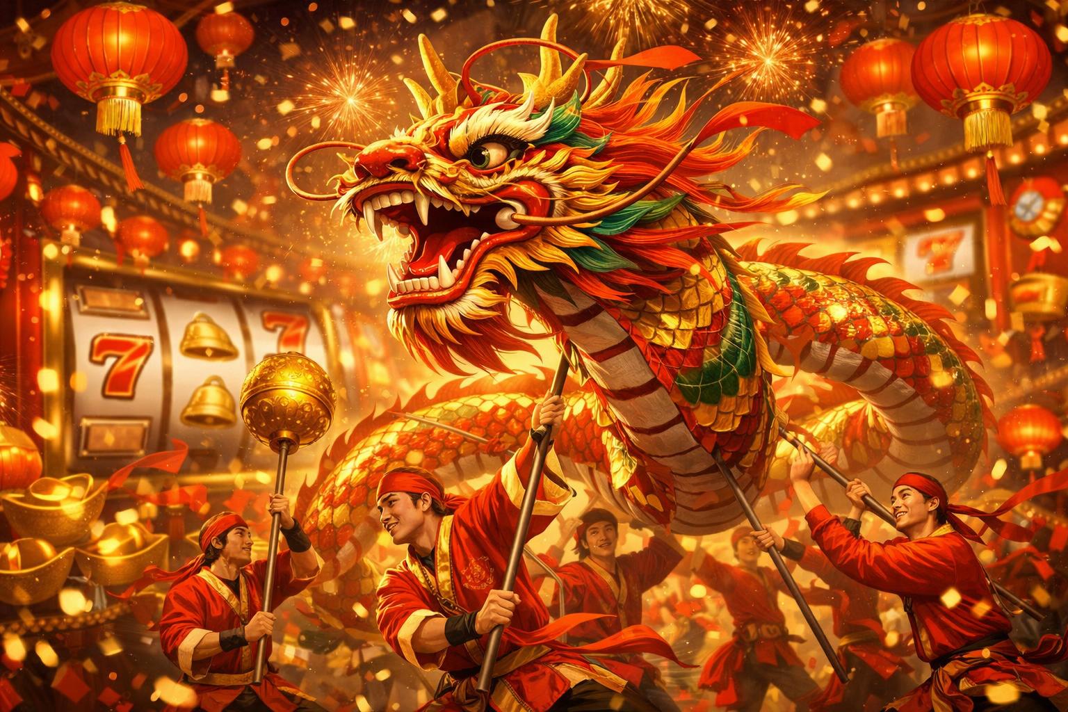 A Colorful Dragon Dance With Performers Holding Poles, Surrounded By Red Lanterns And Festive Decorations.