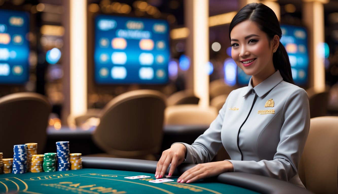 Seorang dealer wanita tersenyum di meja kasino yang mewah dengan suasana terang dan profesional.