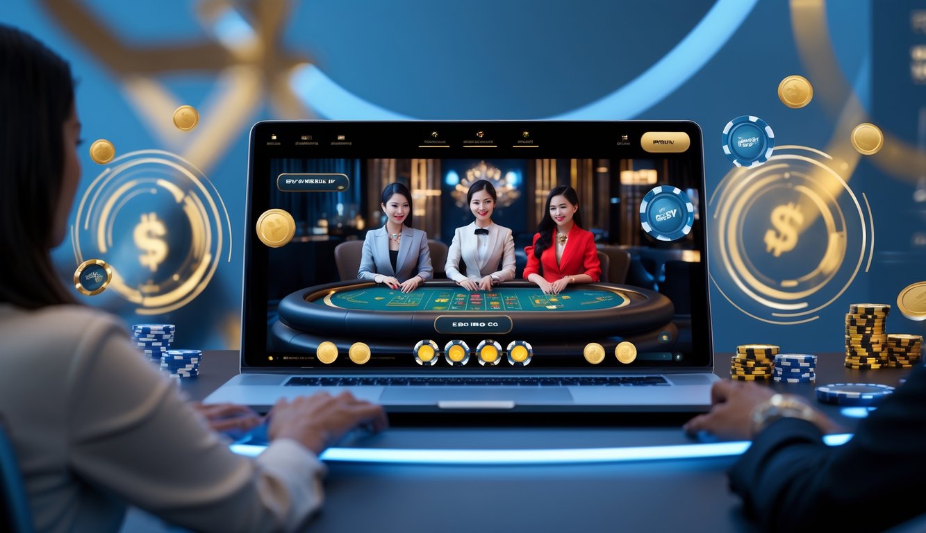 Seorang dealer kasino langsung yang berpakaian rapi sedang berinteraksi dengan pemain melalui layar komputer di platform kasino online yang modern dan terpercaya.