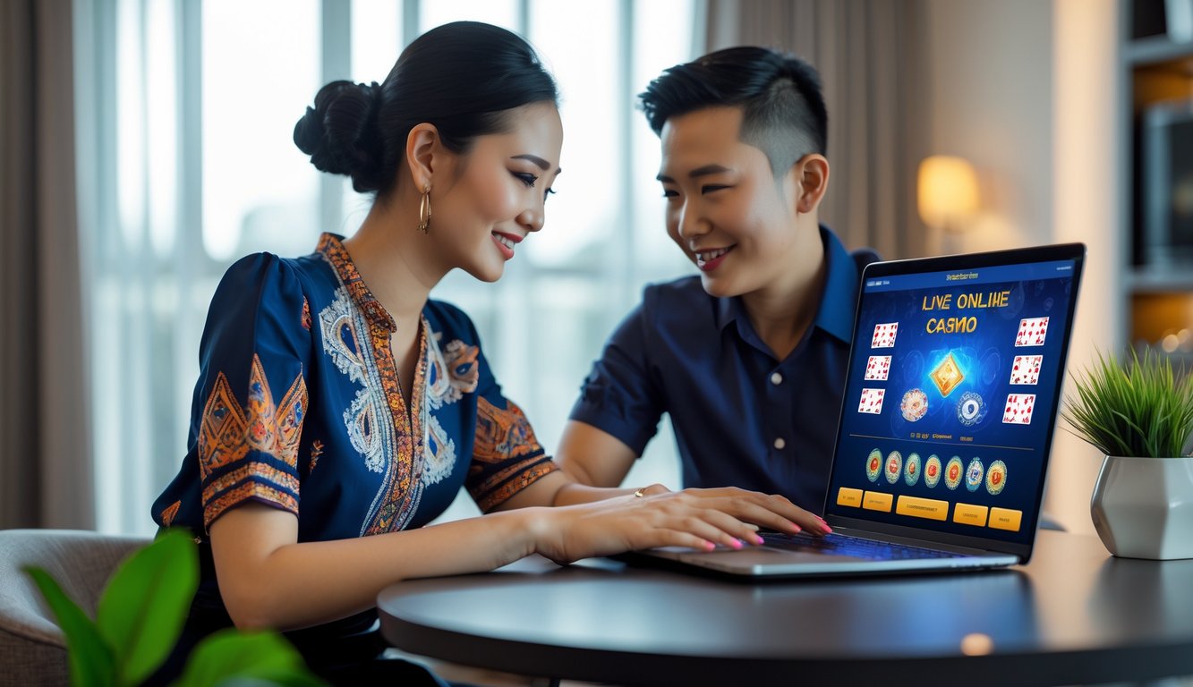 Seorang pria dan wanita muda sedang duduk di meja dengan laptop yang menampilkan permainan kasino online langsung, di dalam ruangan dengan pencahayaan alami.