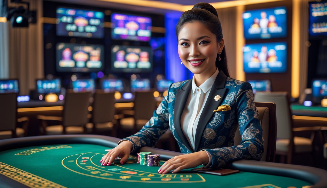 Seorang dealer wanita profesional sedang duduk di meja kartu hijau dalam studio kasino langsung dengan kamera dan layar di latar belakang, menampilkan suasana kasino online terpercaya di Indonesia.