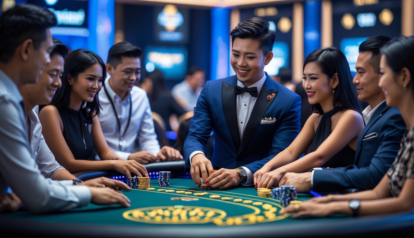 Seorang dealer kasino asli sedang melayani pemain di meja kasino dengan suasana yang profesional dan ramah.