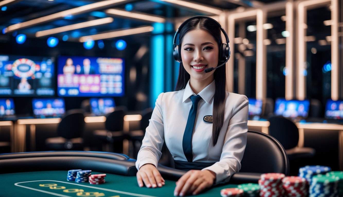 Seorang dealer wanita profesional di studio kasino langsung dengan meja kartu dan chip, dikelilingi oleh kamera dan layar permainan.