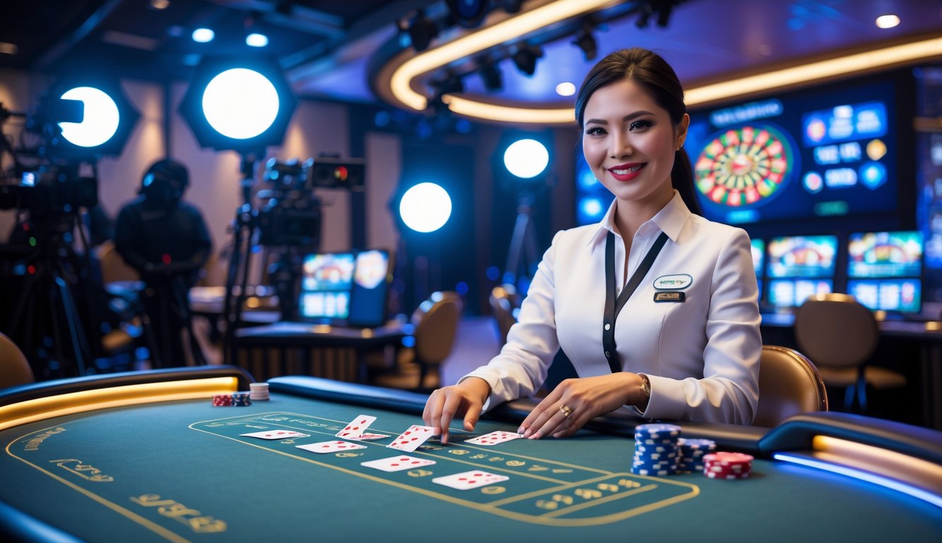 Seorang dealer wanita tersenyum di meja kasino dengan layar digital dan peralatan studio di latar belakang.