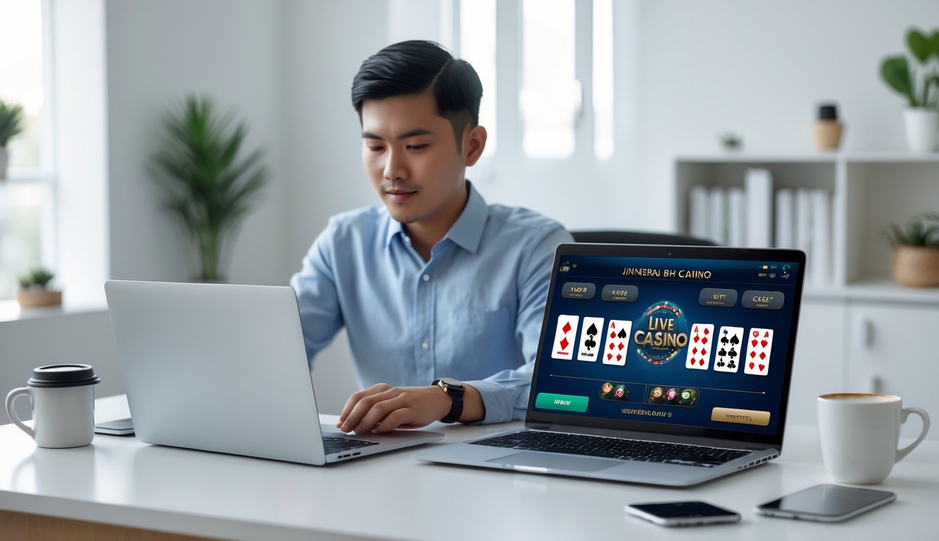 Seorang pria muda Indonesia sedang bermain permainan kasino langsung di laptop di ruang kerja rumah yang rapi dan terang.