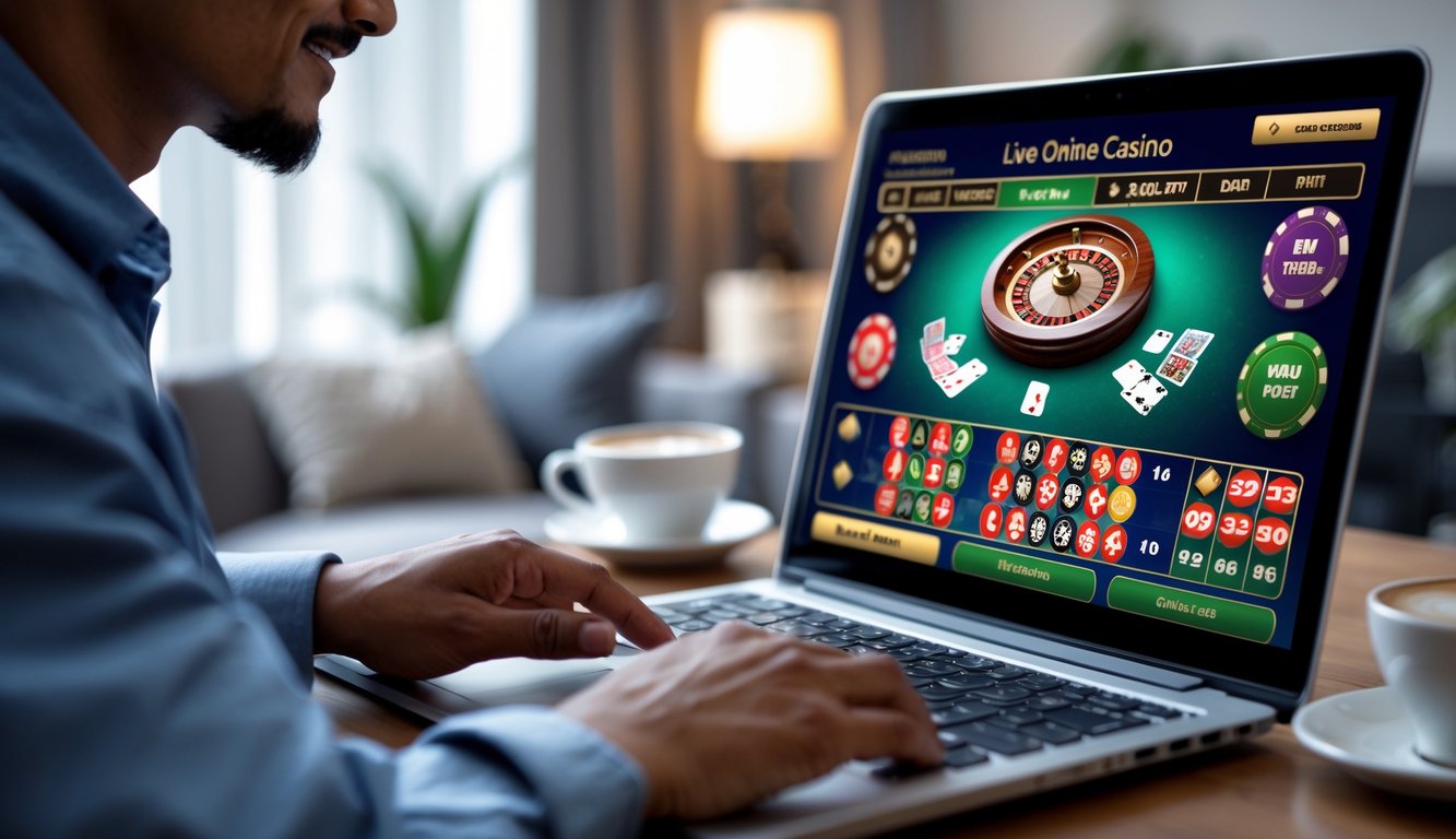Seorang individu menggunakan laptop di ruangan yang nyaman dengan tampilan permainan kasino langsung di layar.