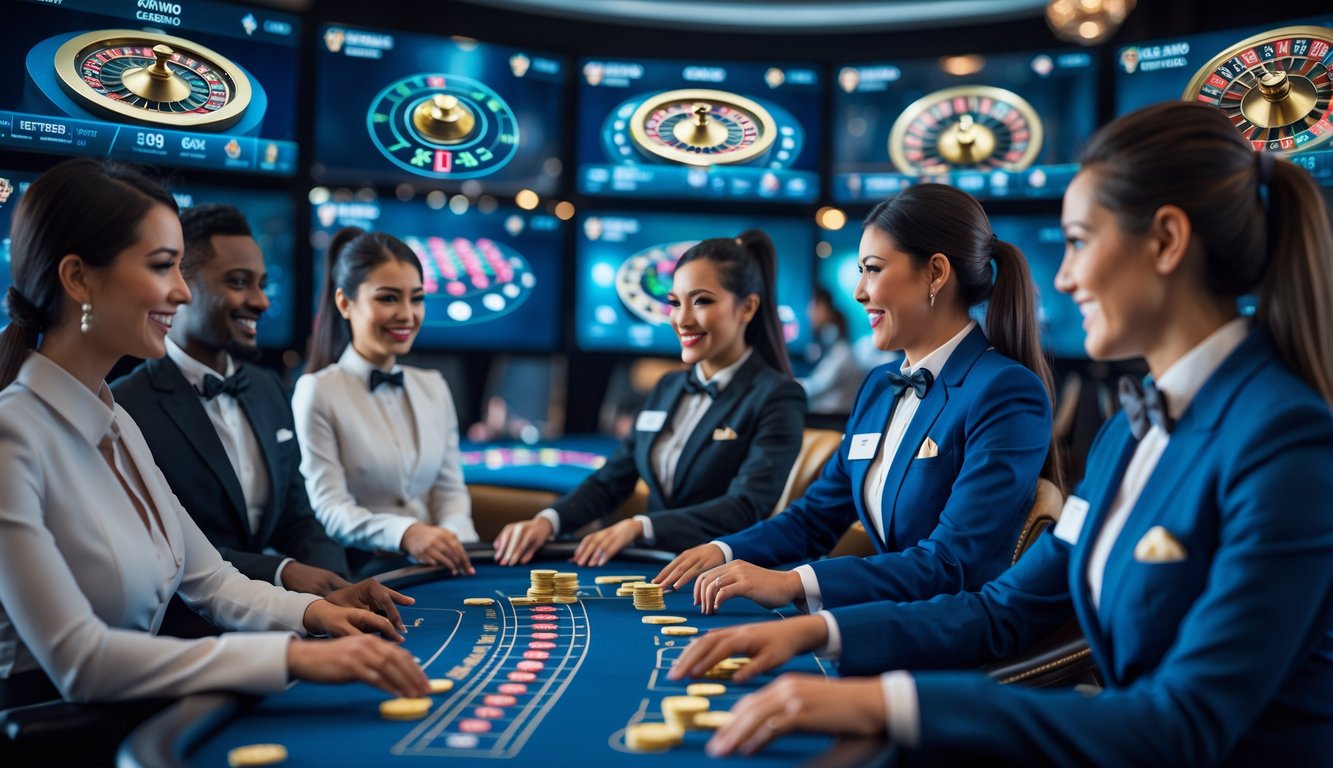 Seorang dealer casino profesional sedang menjalankan permainan live casino dengan latar belakang layar yang menampilkan permainan casino online.