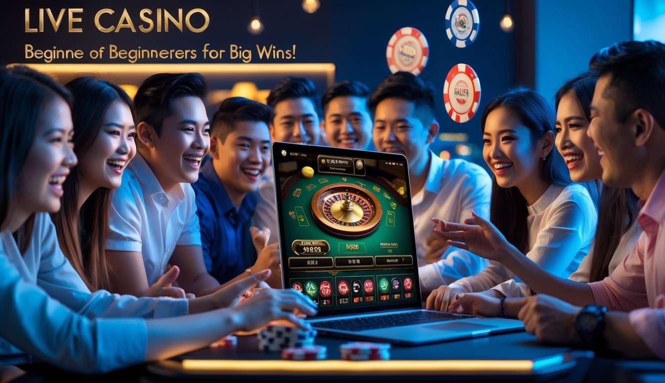Sekelompok orang muda yang antusias bermain permainan kasino online di laptop dan ponsel di sebuah ruangan modern.
