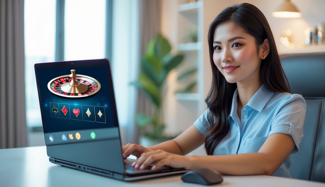 Seorang wanita muda duduk di depan laptop di ruang yang terang, sedang menjelajahi platform live casino online terpercaya.