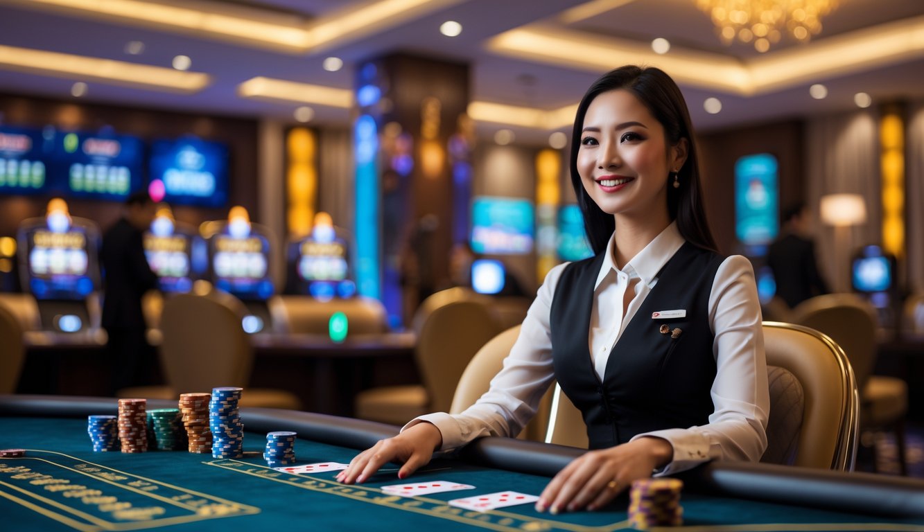 Seorang dealer wanita profesional duduk di meja kasino dengan kartu dan chip, di latar belakang interior kasino modern dengan pencahayaan hangat dan elemen budaya Indonesia.