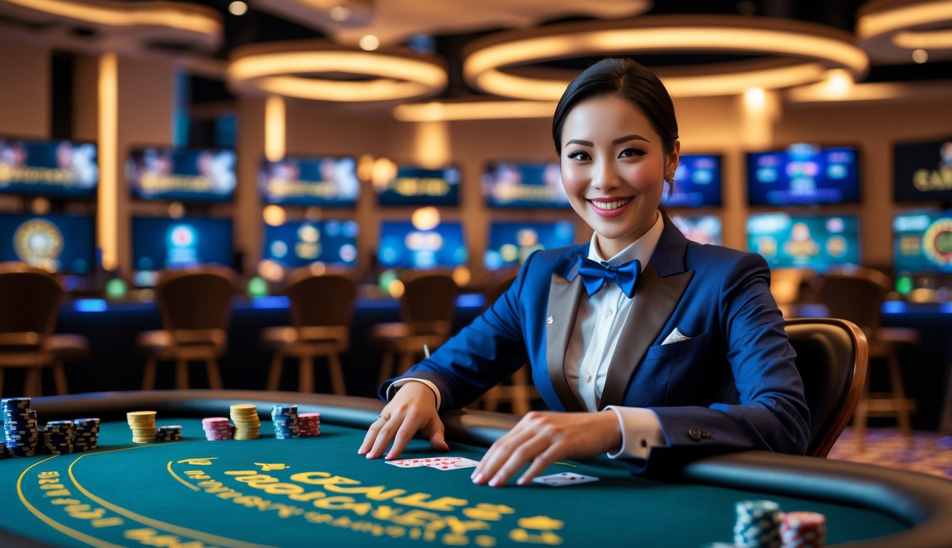 Seorang dealer asli tersenyum di meja permainan kasino langsung dengan latar belakang layar permainan kasino dan suasana studio yang modern.