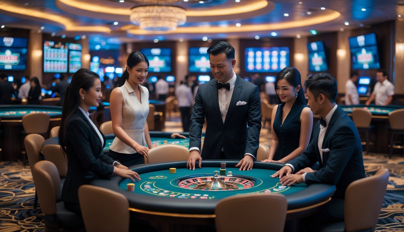 Suasana kasino langsung dengan dealer asli dan pemain yang sedang bermain di meja permainan di dalam ruangan yang terang dan modern.