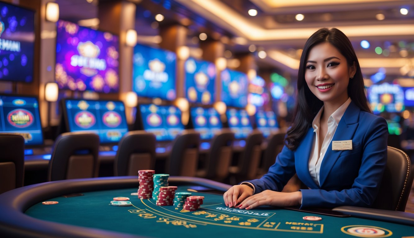 Seorang dealer kasino profesional duduk di meja permainan dengan kartu dan chip, di latar belakang layar besar menampilkan permainan kasino langsung.