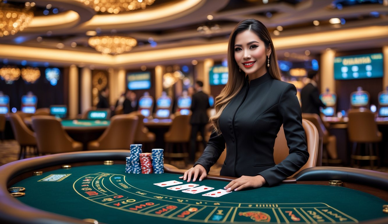 Seorang dealer wanita profesional berdiri di belakang meja kasino dengan kartu dan chip, dikelilingi oleh suasana kasino yang mewah dan beberapa pemain yang fokus.