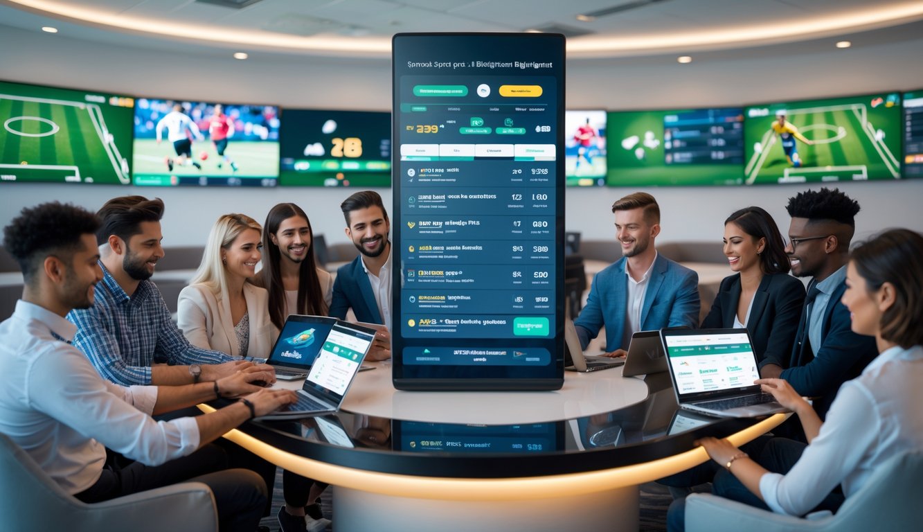 Sekelompok orang muda sedang menggunakan perangkat digital untuk taruhan olahraga online di ruang modern dengan layar besar menampilkan statistik pertandingan.