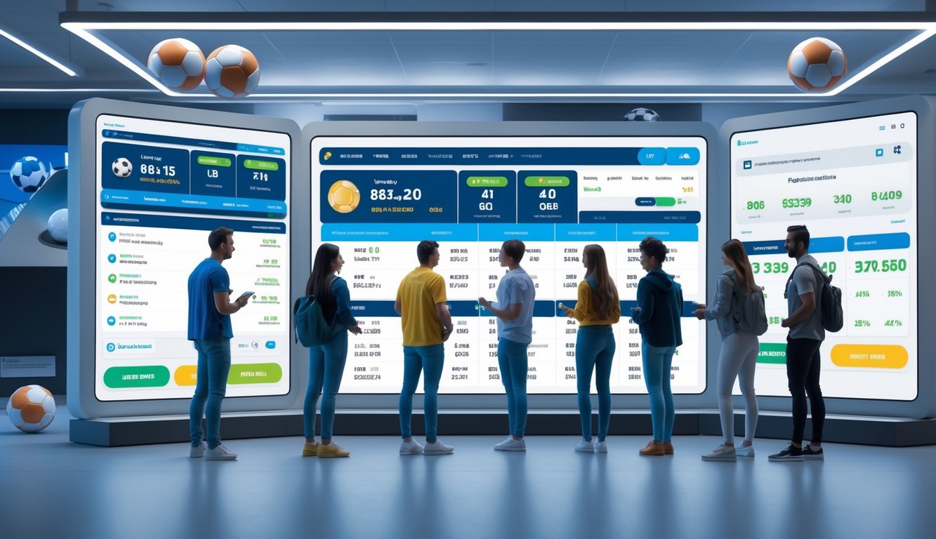 Sekelompok orang muda sedang menggunakan layar digital besar untuk melihat statistik dan peluang taruhan sepak bola secara online.