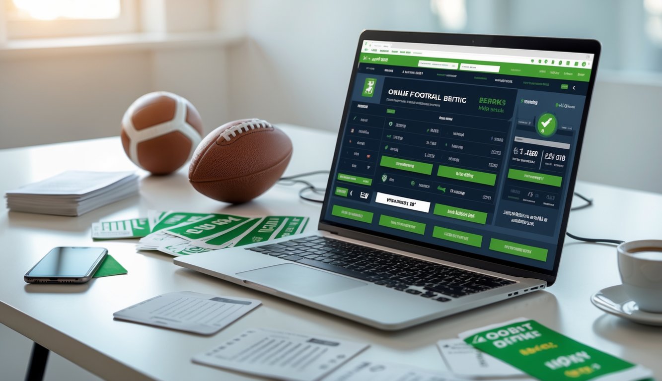 Meja kerja modern dengan laptop yang menampilkan antarmuka taruhan bola online, bola sepak, ponsel dengan aplikasi taruhan, dan secangkir kopi.