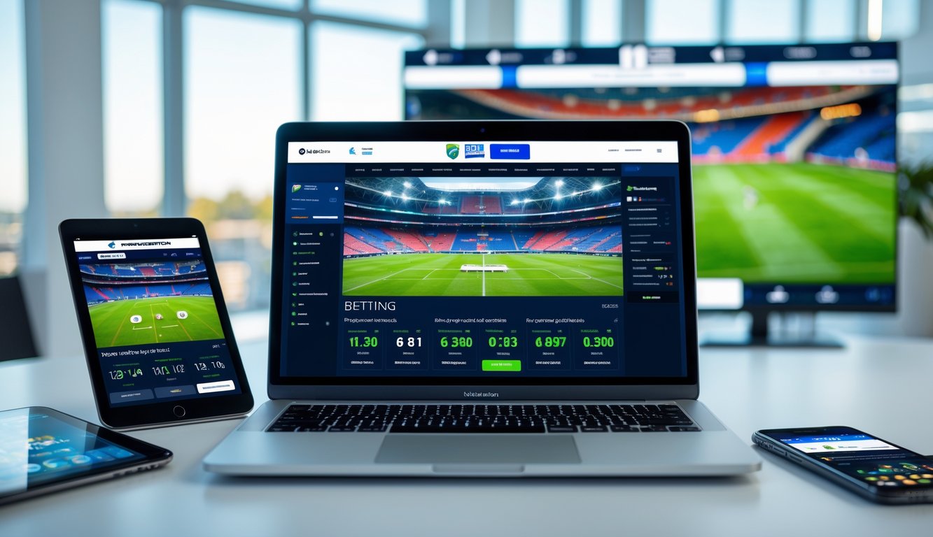 Sebuah ruang kerja modern dengan laptop, ponsel, dan tablet yang menampilkan aplikasi taruhan bola online dan layar besar yang menayangkan pertandingan sepak bola.