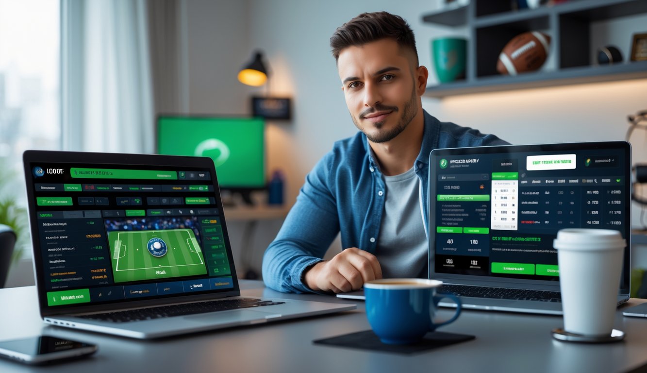 Seorang pria muda duduk di meja dengan laptop dan ponsel yang menampilkan layar taruhan olahraga, di ruang kerja dengan pernak-pernik sepak bola di latar belakang.