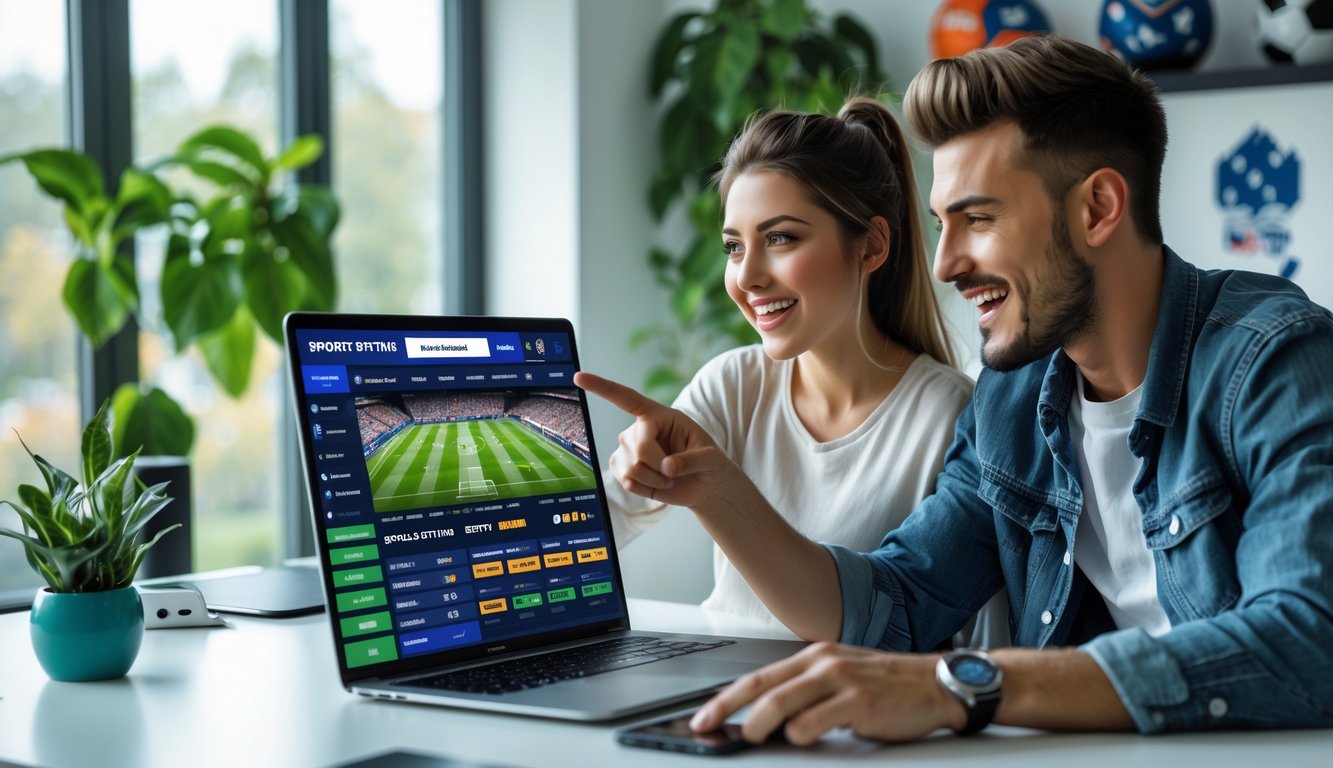 Seorang pria dan wanita duduk di meja dengan laptop dan ponsel, melihat situs taruhan olahraga dengan ekspresi antusias di ruang kerja modern yang terang.