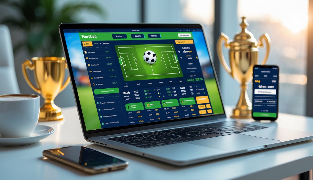 Seorang pria menggunakan laptop di meja kerja dengan tampilan situs taruhan bola online di layar, dikelilingi oleh piala dan ponsel yang menunjukkan aplikasi taruhan.