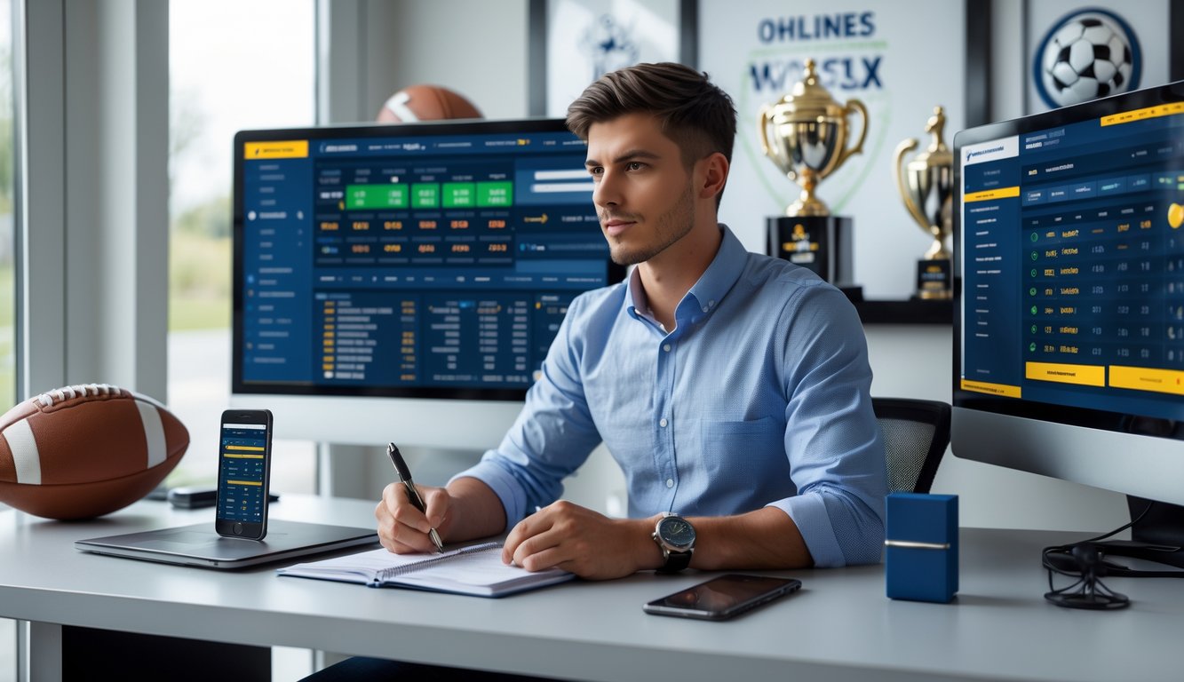Seorang pria muda duduk di meja dengan beberapa layar komputer yang menampilkan pertandingan sepak bola dan data taruhan olahraga, terlihat fokus dan sedang membuat catatan.