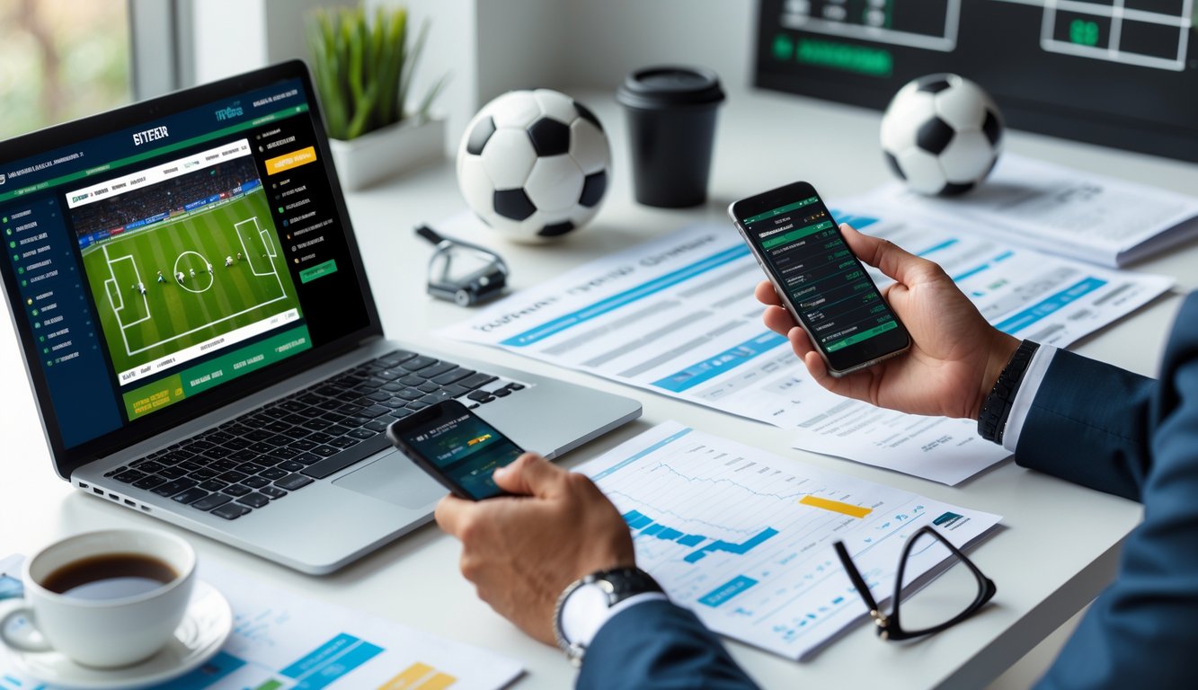 Seorang pria sedang menggunakan laptop dan smartphone untuk menganalisis taruhan bola online di meja kerja yang rapi dengan peralatan dan dekorasi bertema sepak bola.