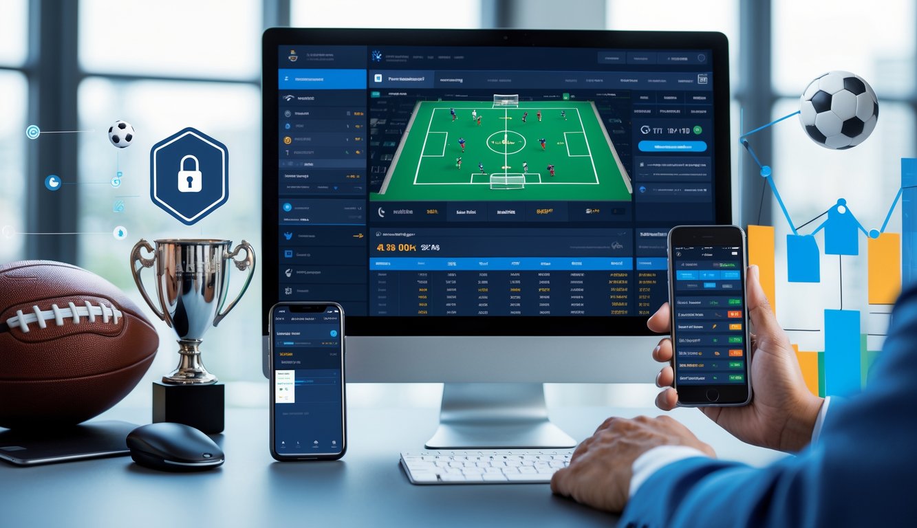 Seseorang sedang menggunakan komputer dengan tampilan antarmuka taruhan sepak bola online dan elemen terkait sepak bola di sekitar meja kerja.