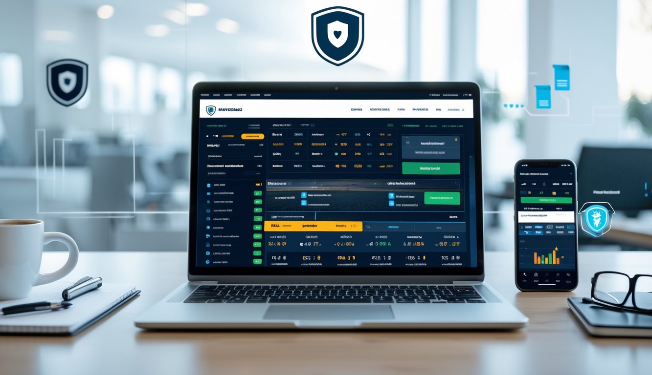 Seorang profesional sedang menggunakan laptop dan ponsel untuk mengakses situs taruhan bola online di meja kerja yang rapi.