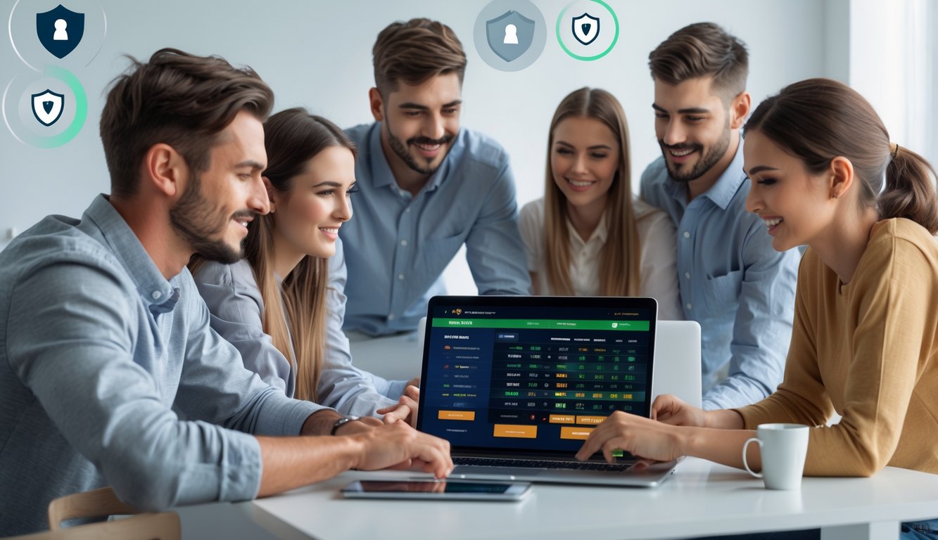 Sekelompok orang muda menggunakan laptop dan ponsel untuk melihat statistik pertandingan sepak bola dan memasang taruhan online di ruang kerja yang terang dan rapi.
