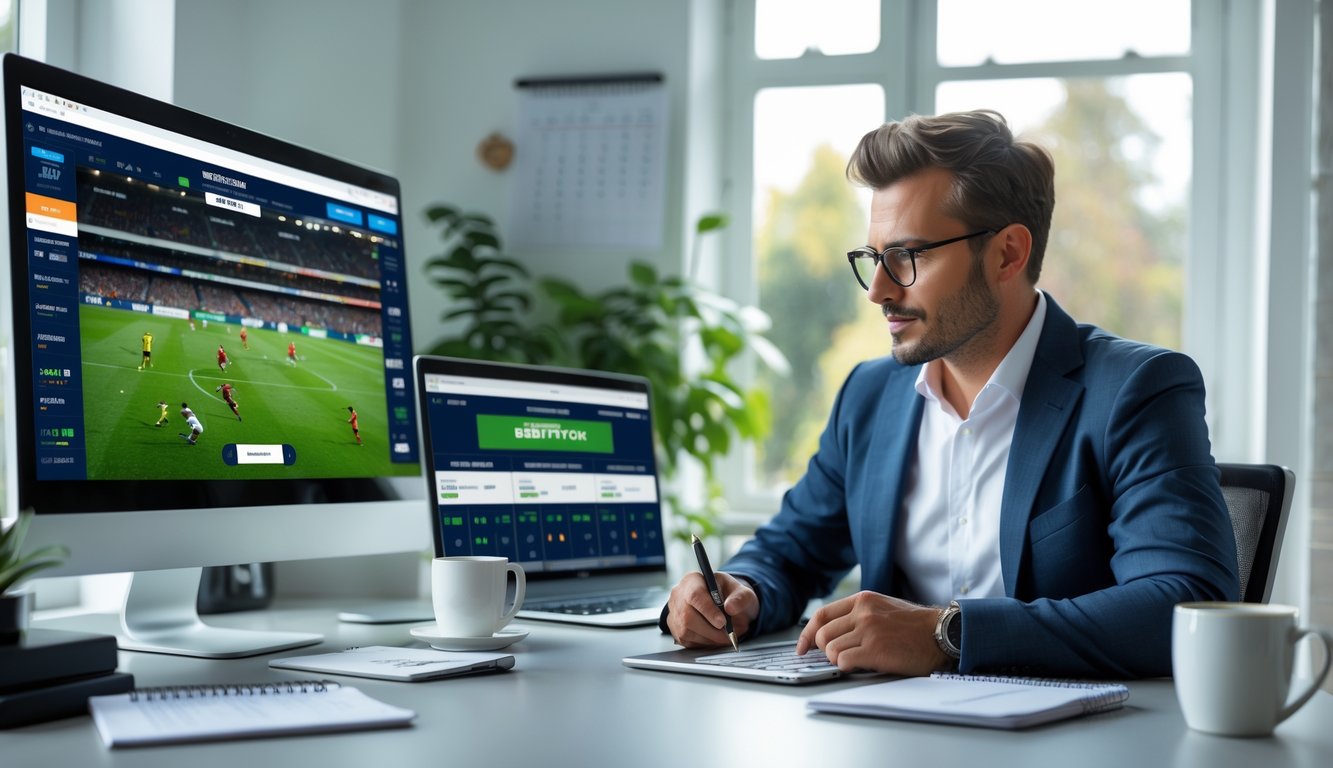 Seorang pria duduk di meja kerja dengan beberapa perangkat digital yang menampilkan pertandingan sepak bola dan peluang taruhan, tampak fokus dan mempersiapkan strategi taruhan online.