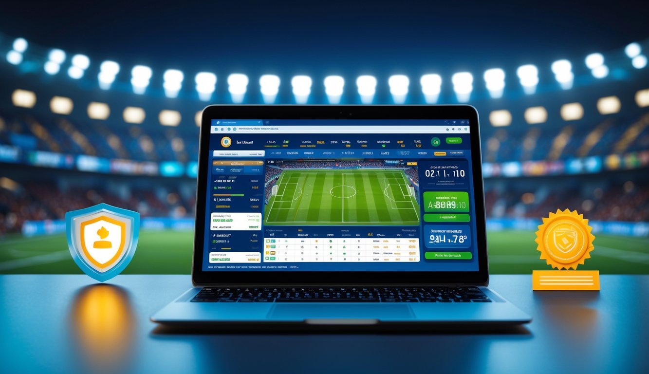 Seorang pria menggunakan laptop dengan tampilan taruhan bola langsung, di latar belakang stadion sepak bola dengan penonton yang bersorak.