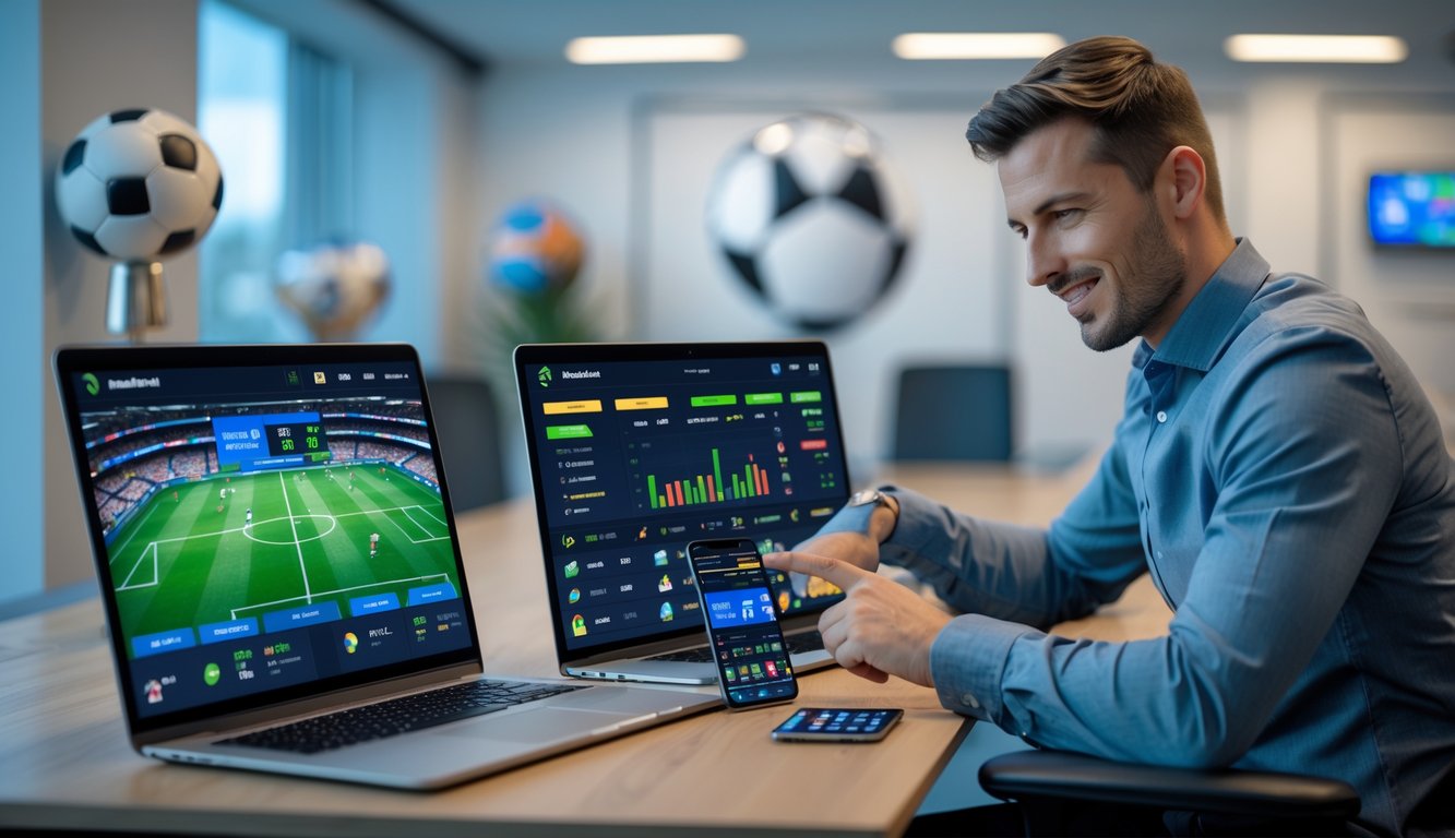 Seseorang menggunakan beberapa perangkat digital yang menampilkan statistik pertandingan sepak bola dan taruhan langsung di lingkungan kantor modern.