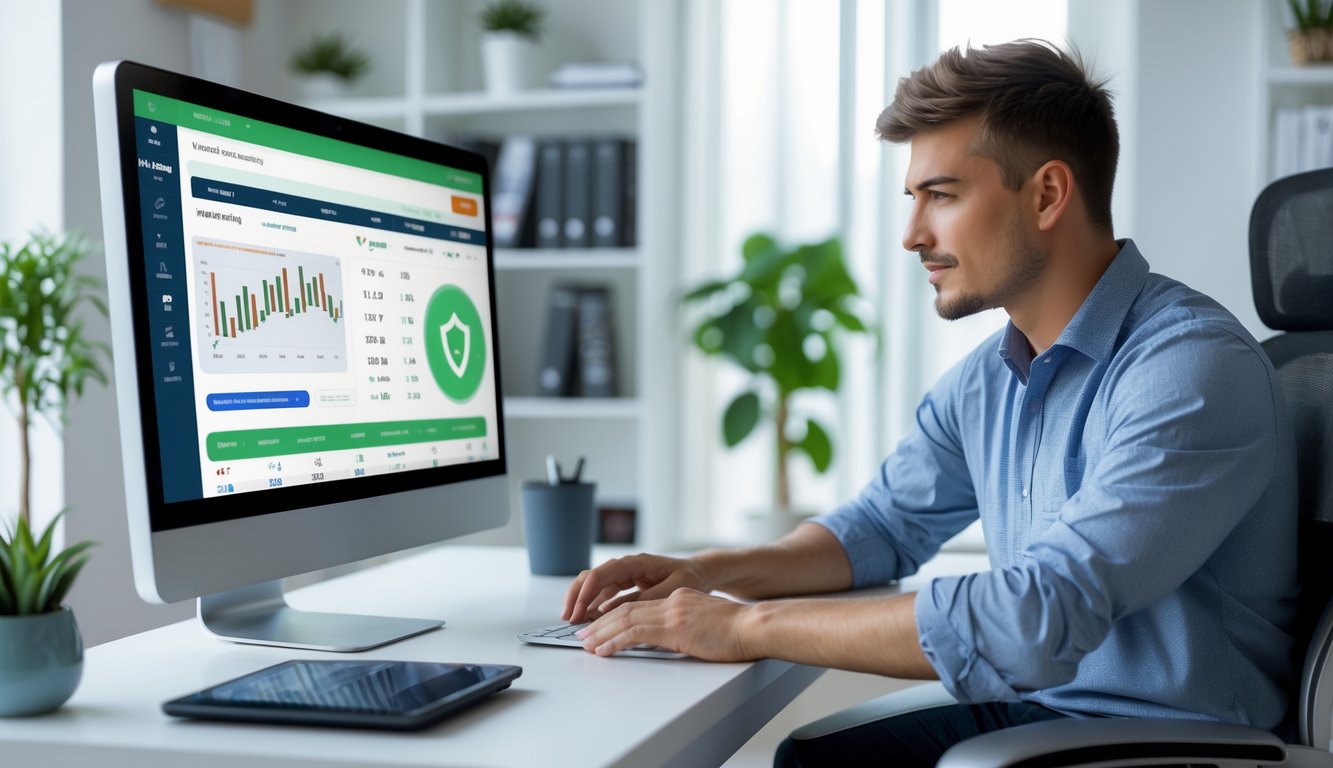 Seorang pria muda duduk di meja kerja modern sambil melihat layar komputer dengan antarmuka taruhan bola online yang aman.