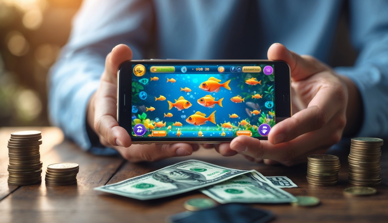 Tangan seseorang memegang ponsel yang menampilkan permainan tembak ikan dengan koin dan uang kecil di atas meja.