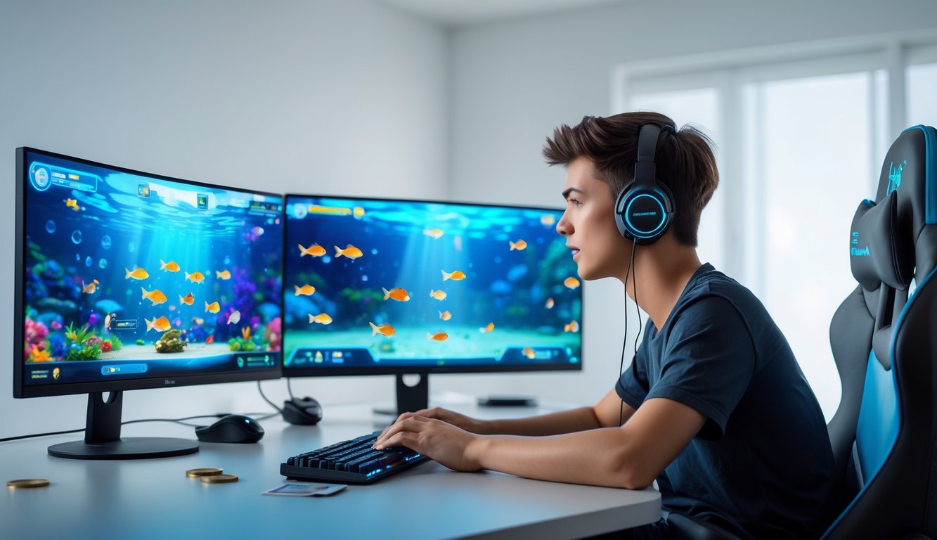 Seorang pria muda sedang bermain permainan tembak ikan di komputer dengan tampilan layar penuh ikan berwarna-warni, di meja terdapat beberapa koin sebagai simbol modal kecil.