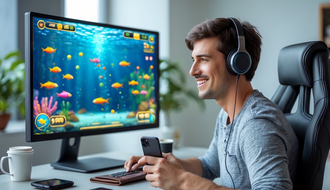 Seorang pria muda duduk di meja dengan komputer, bermain permainan tembak ikan online dengan latar bawah laut berwarna-warni.