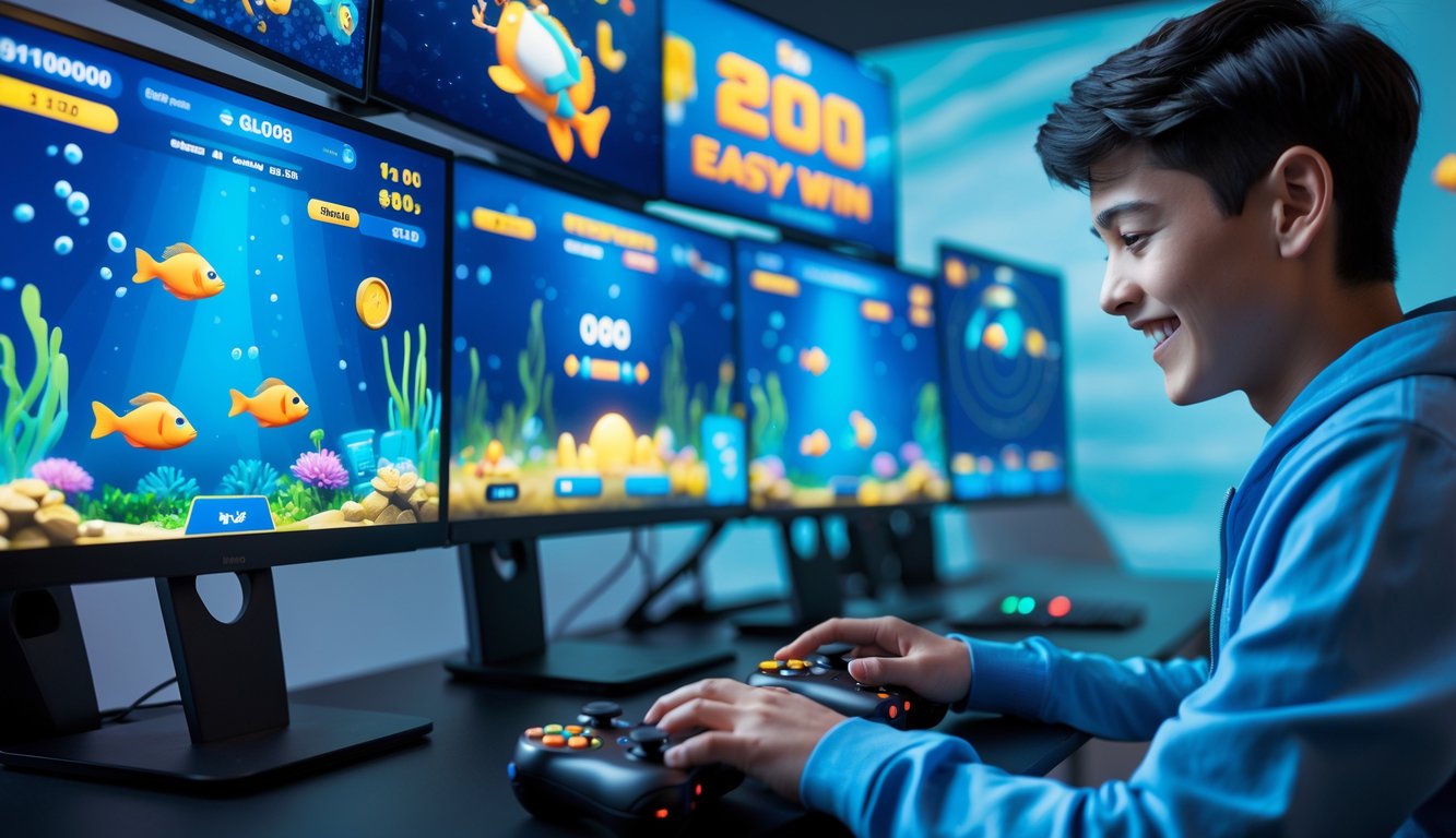 Seorang pemain muda sedang bermain permainan tembak ikan dengan latar belakang layar berwarna biru dan gambar ikan berwarna-warni.