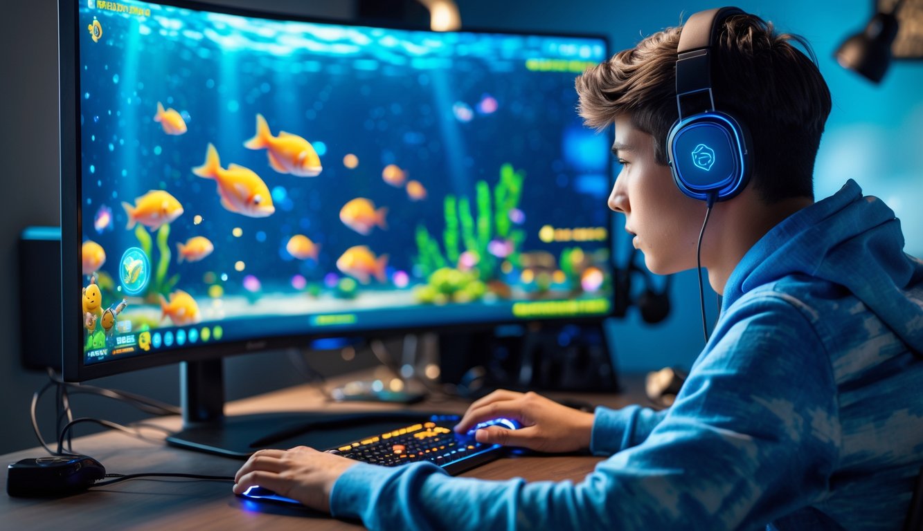 Seorang pria muda fokus bermain game tembak ikan di komputer dengan latar meja rapi dan perangkat gaming.