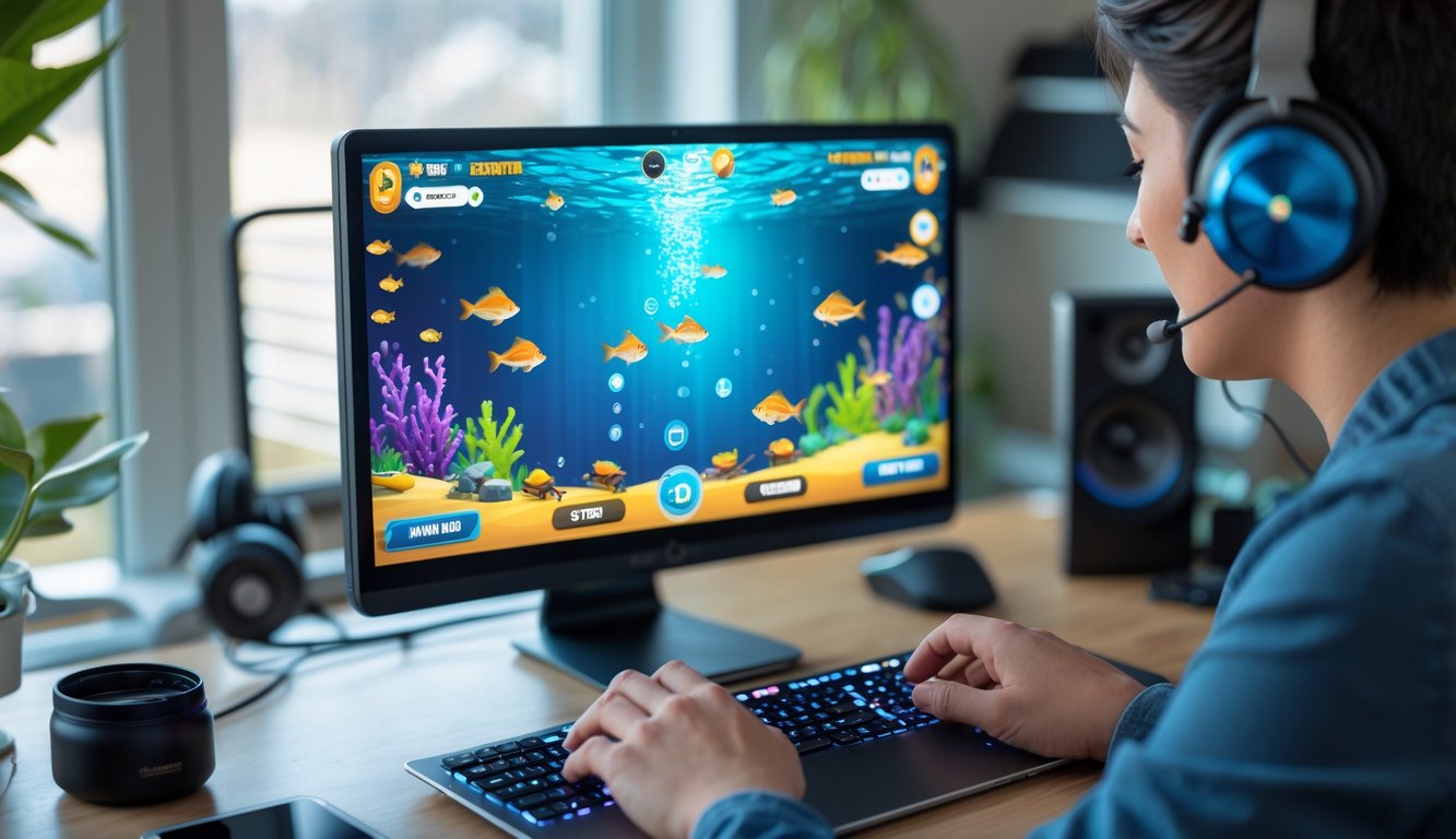 Seseorang sedang bermain permainan tembak ikan online di komputer dalam ruangan yang nyaman.