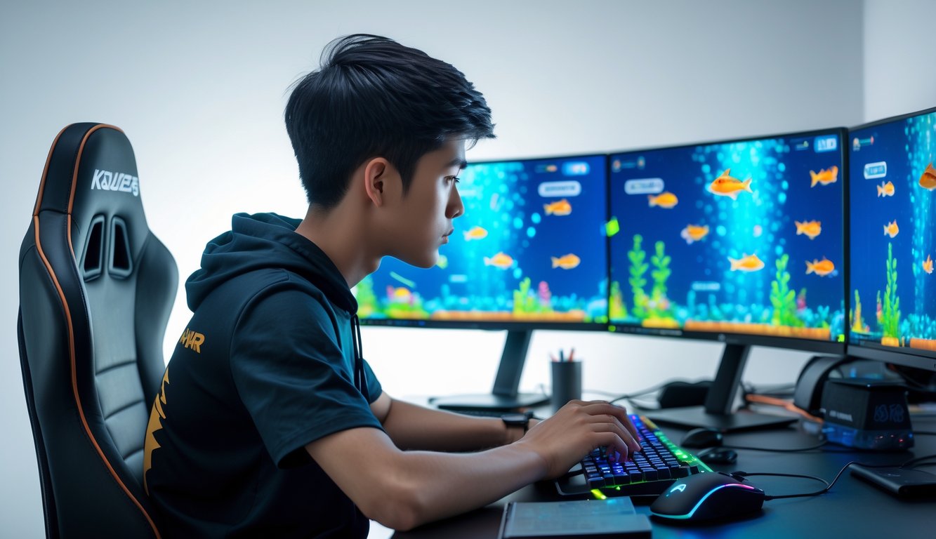 Seorang pria muda fokus bermain game tembak ikan di depan beberapa monitor dengan latar belakang bersih dan pencahayaan lembut.