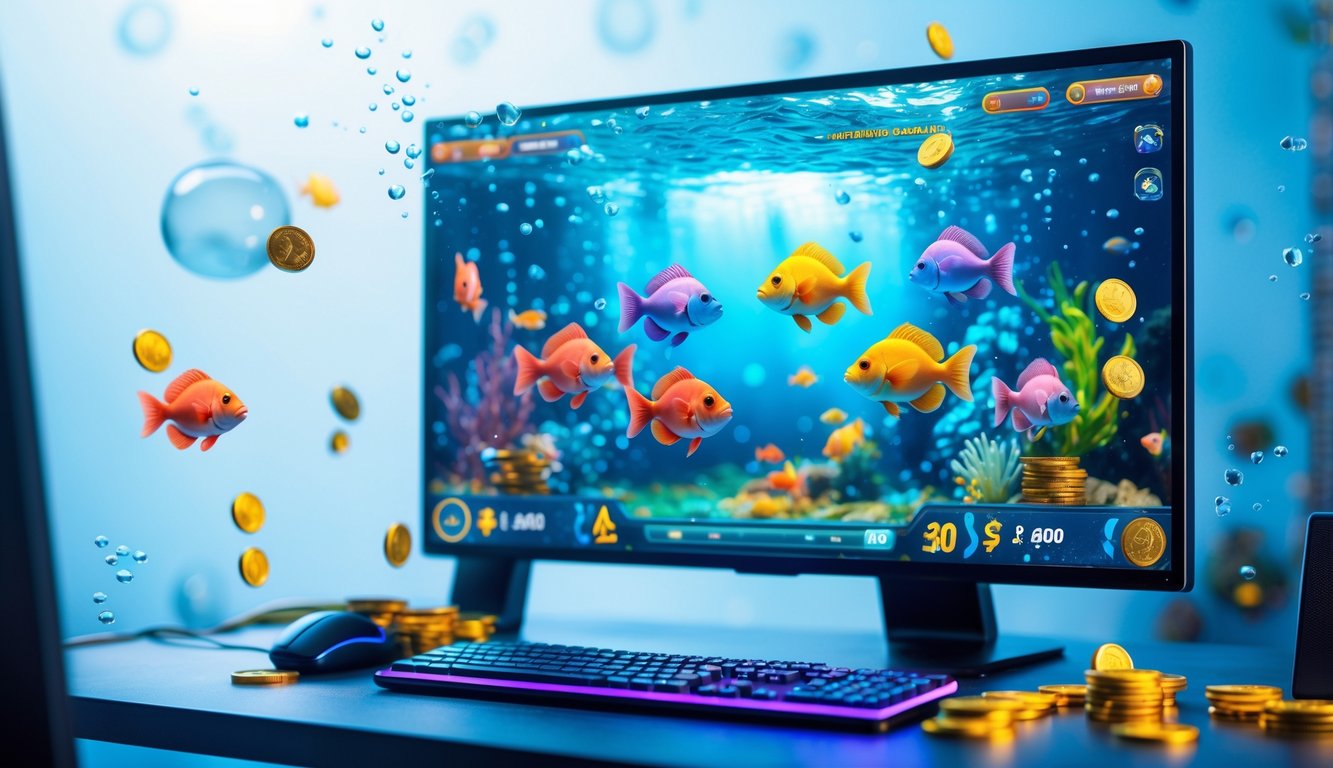 Sebuah meja dengan komputer yang menampilkan permainan ikan di layar, dengan latar belakang bernuansa bawah laut dan elemen uang kecil di sekitar.