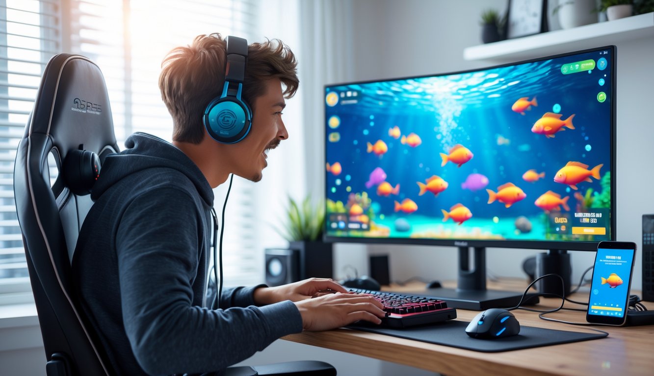 Seorang pemain muda sedang bermain game tembak ikan di komputer dengan layar besar di ruang kerja yang rapi dan terang.