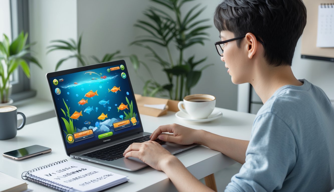 Seorang pemula sedang bermain game tembak ikan online di laptop di sebuah meja kerja yang rapi dengan suasana nyaman.