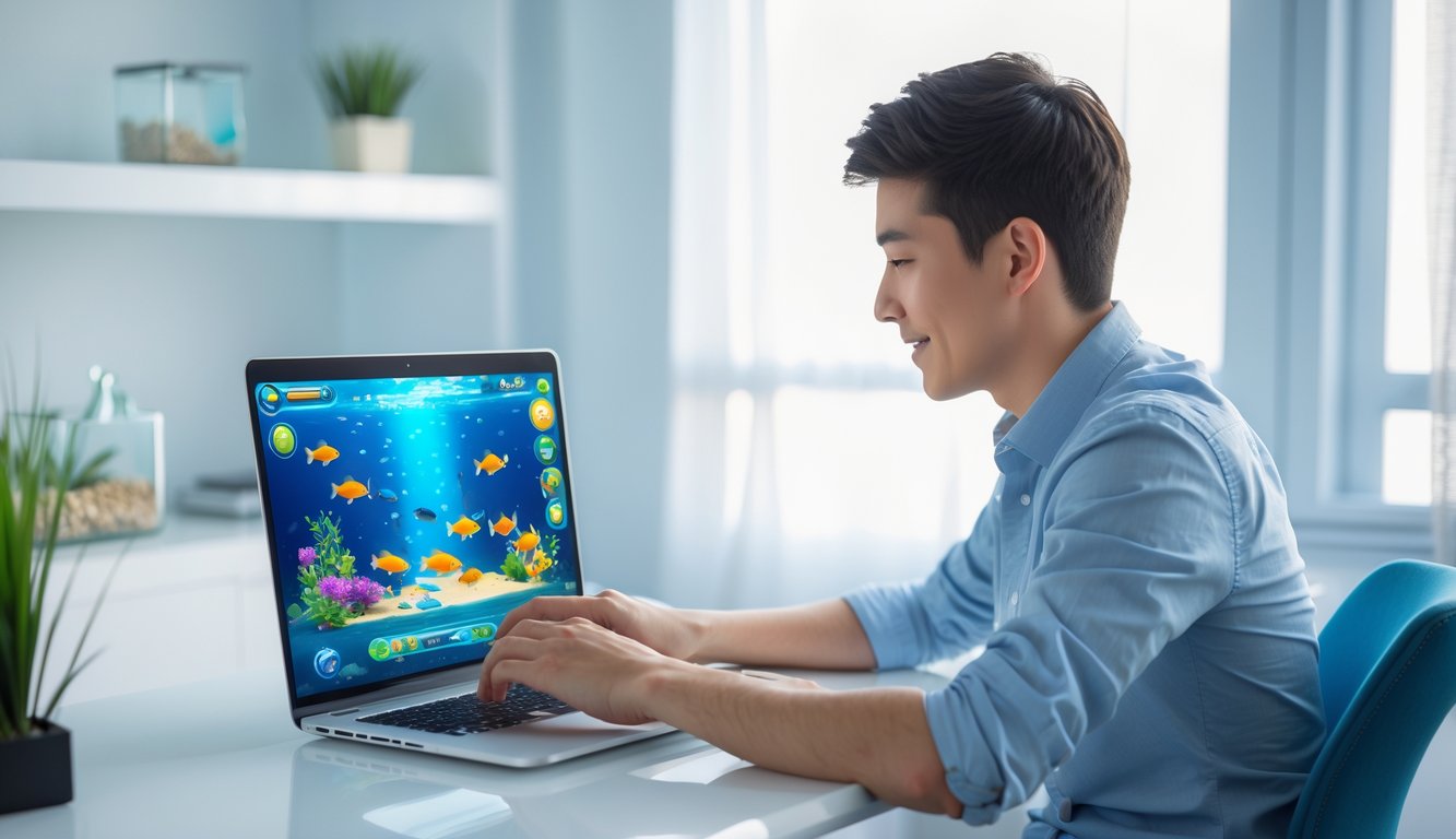 Seorang pria muda duduk di meja sambil bermain permainan tembak ikan di laptop dalam ruangan yang terang dan nyaman.