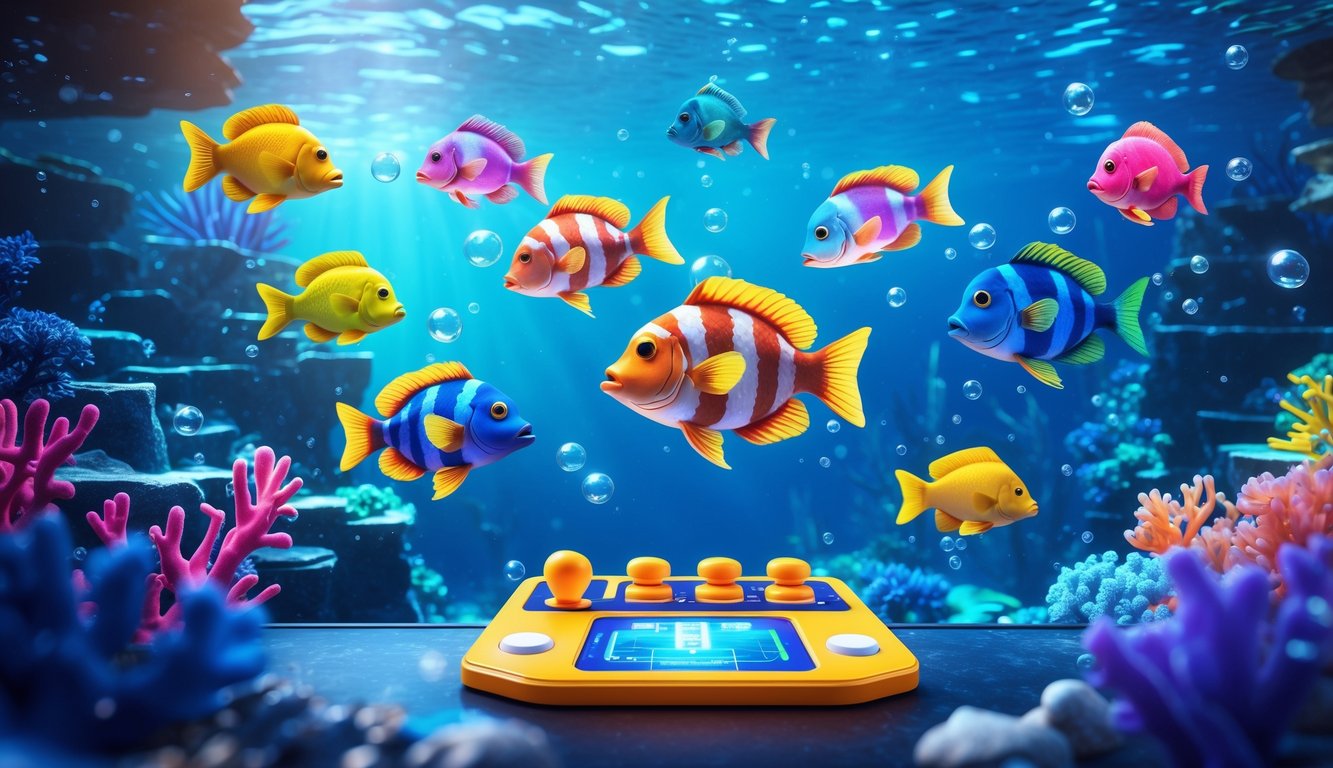 Pemandangan bawah laut dengan ikan-ikan berwarna-warni dan antarmuka permainan digital di latar depan.