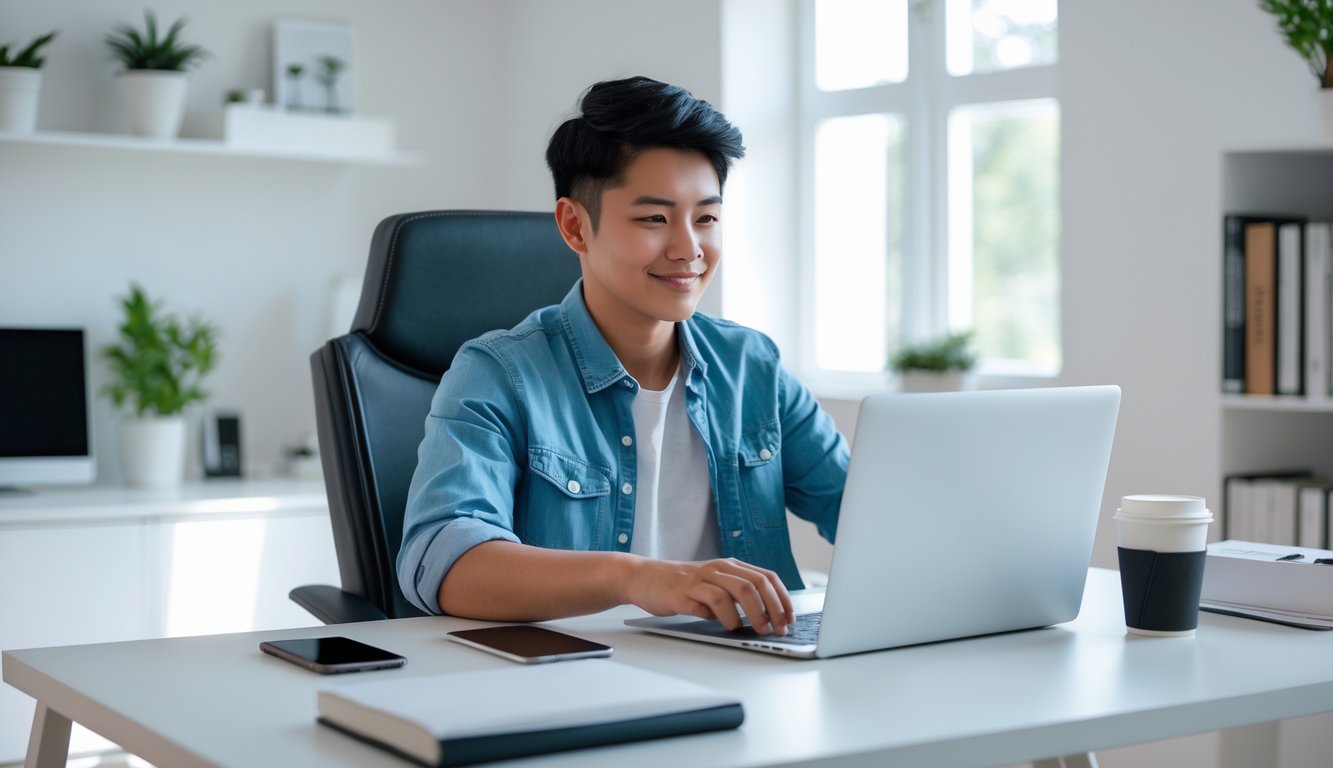 Seorang dewasa muda duduk di meja dengan laptop, bermain permainan kartu online di ruang kerja yang terang dan rapi.