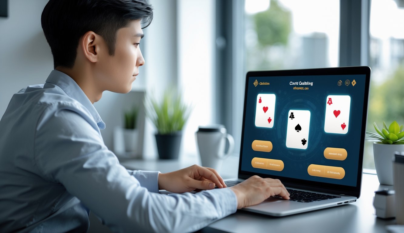 Seseorang sedang menggunakan laptop di meja kerja dengan tampilan permainan kartu online di layar, di ruangan yang terang dan rapi.